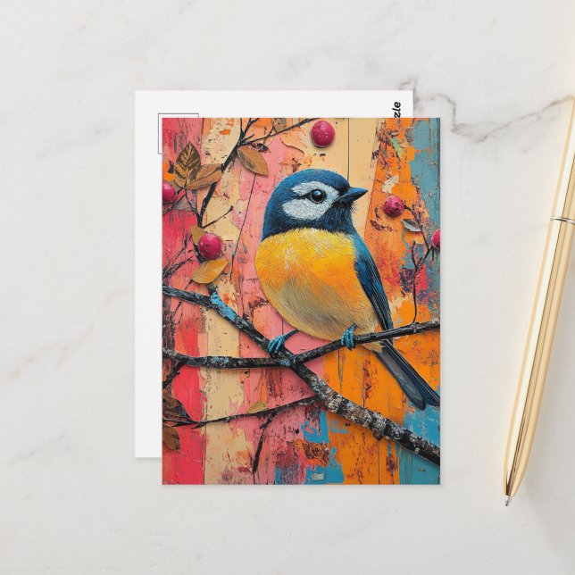 Cute Little Bird on a Branch Colorful Postcard (Front/Back In Situ)