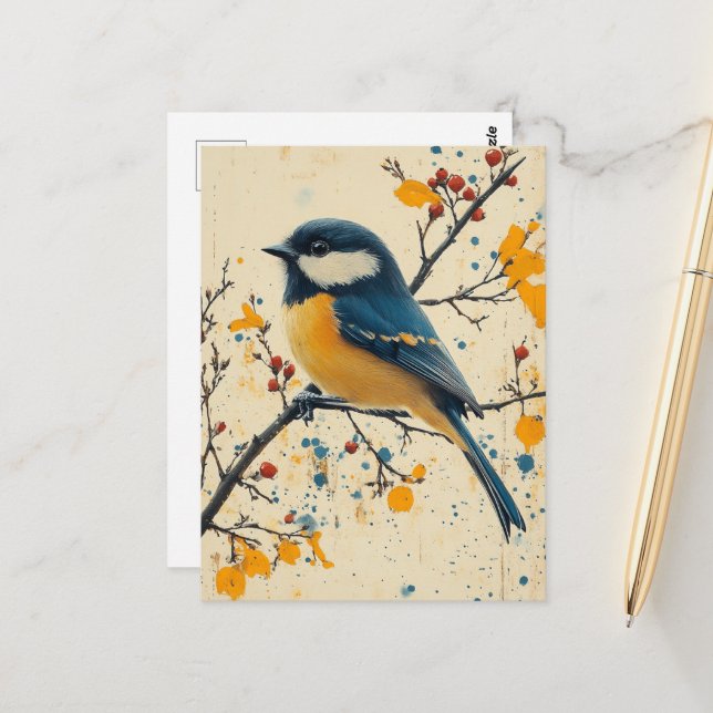 Cute Little Bird on a Branch Postcard (Front/Back In Situ)