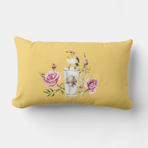 Cute little bird on China tea cup roses romantic Lumbar Pillow