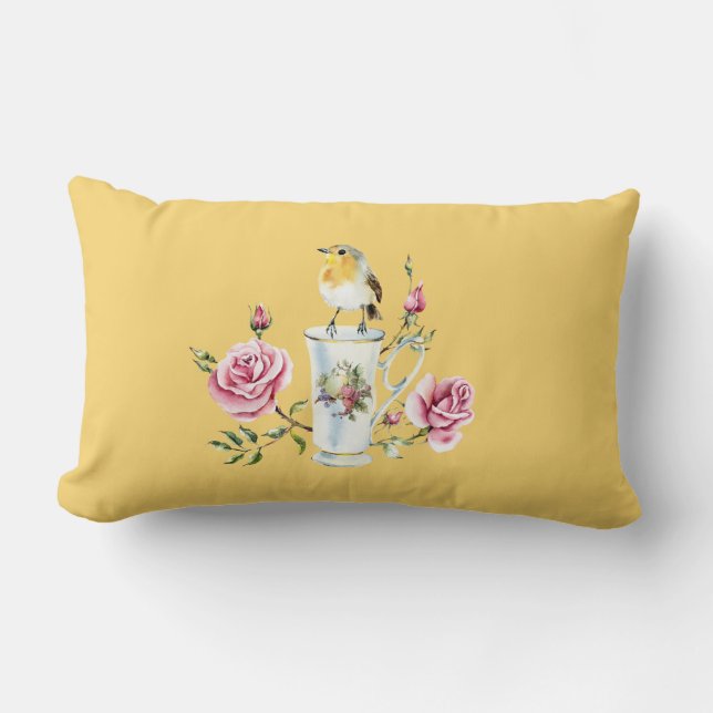 Cute little bird on China tea cup roses romantic Lumbar Pillow (Front)