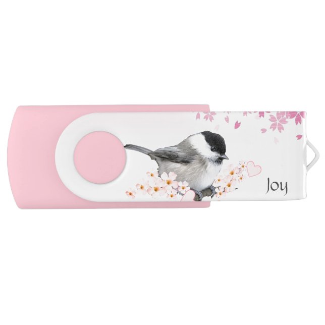 Cute Little Bird & Pink Flowers Flash Drive (Front)