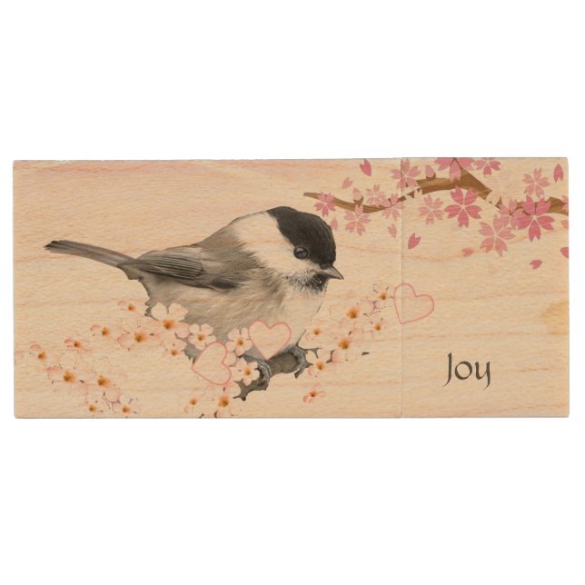 Cute Little Bird & Pink Flowers Wood Flash Drive (Front)