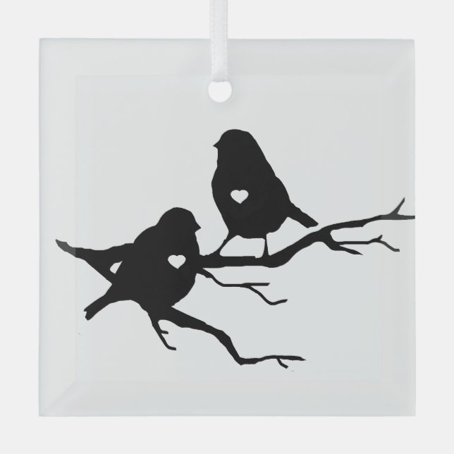 Cute Little Bird Tree Branch Silhouette Glass Ornament (Front)