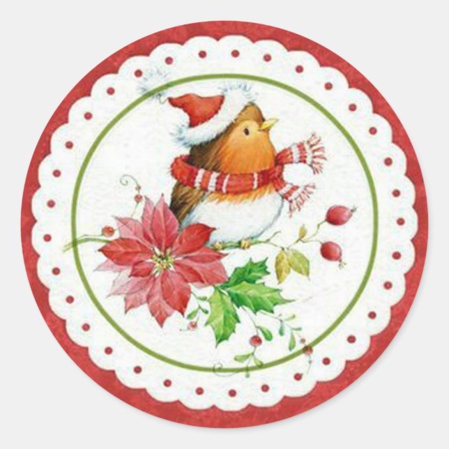 Cute Little Birdie Wearing Christmas Cap & Scarf Classic Round Sticker (Front)