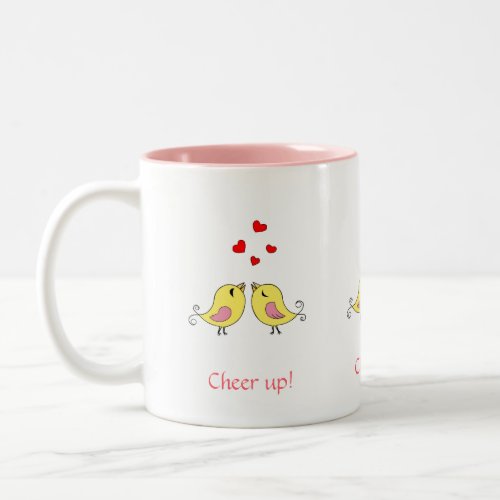 Cute little birdies hearts  pink calligraphy Two_Tone coffee mug