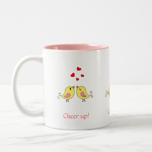 Cute little birdies hearts  pink calligraphy Two_Tone coffee mug