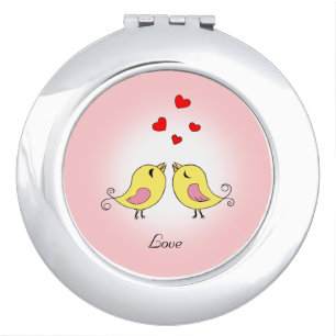Cute little birds and hearts on pink compact mirror