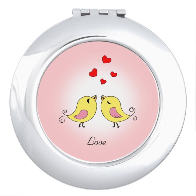 Cute little birds and hearts on pink compact mirror (Front)