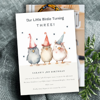 Cute Little Birds Any Age Kids Birthday Photo Invitation