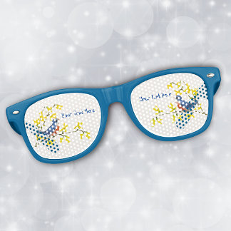 Cute Little Birds on Branch with Yellow Flowers Retro Sunglasses