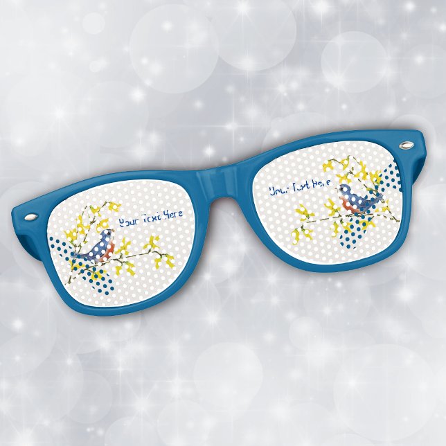 Cute Little Birds on Branch with Yellow Flowers Retro Sunglasses (Cute red and blue bird on branch bright yellow flowers on blue retro party glasses.)