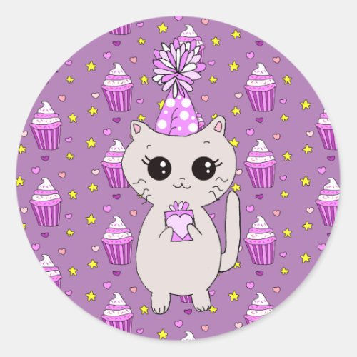 Cute Little Birthday Cat Purple Classic Round Sticker