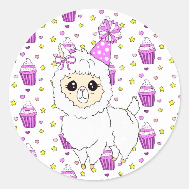 Cute Little Birthday Llama Purple Classic Round Sticker (Front)