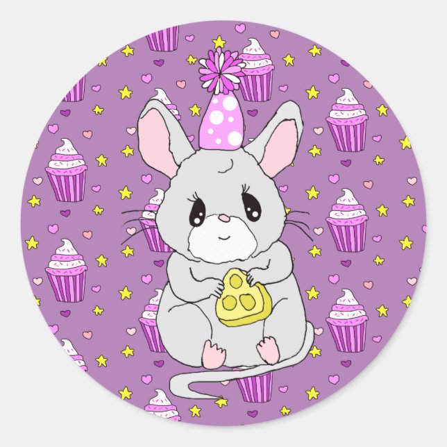 Cute Little Birthday mouse Purple Classic Round Sticker (Front)