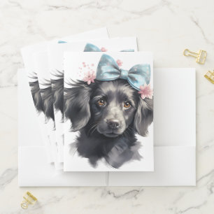 CUTE LITTLE BLACK DOG WITH BLUE BOW POCKET FOLDER