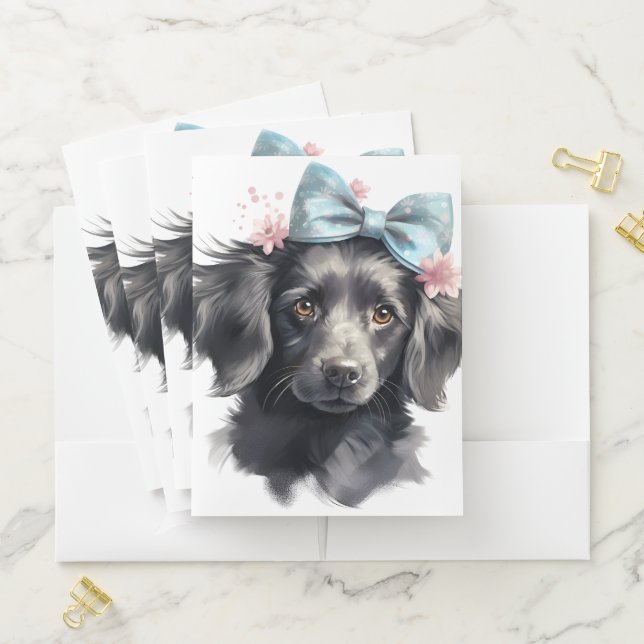CUTE LITTLE BLACK DOG WITH BLUE BOW POCKET FOLDER (In Situ)
