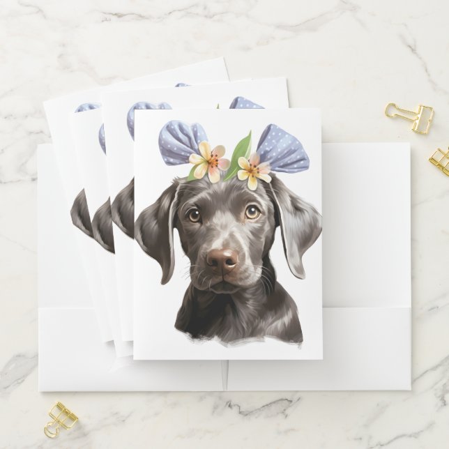 CUTE LITTLE BLACK DOG WITH BLUE BOW POCKET FOLDER (In Situ)