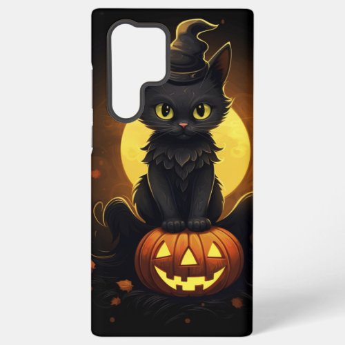 CUTE LITTLE BLACK HALLOWEEN CAT WITH PUMPKINS SAMSUNG GALAXY S22 ULTRA CASE