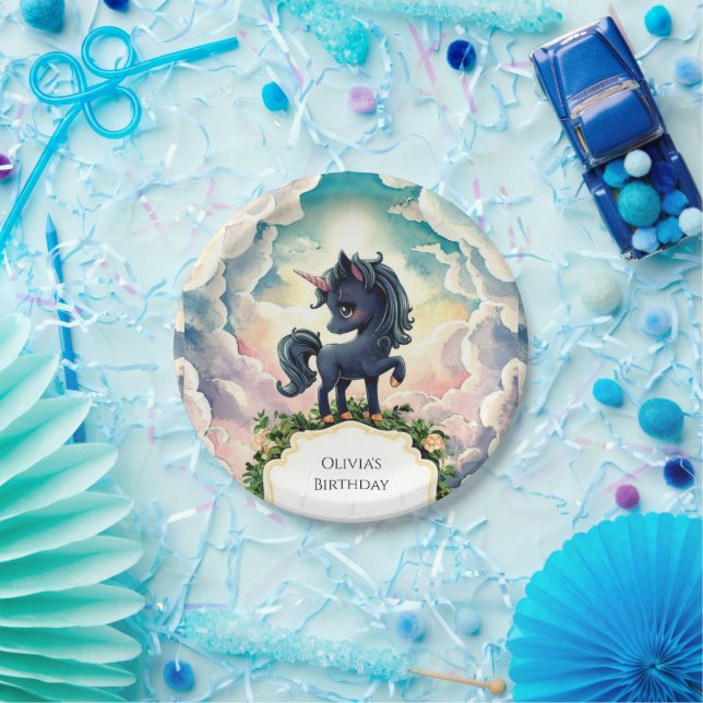 Cute Little Black Unicorn Birthday Paper Plates (Party)