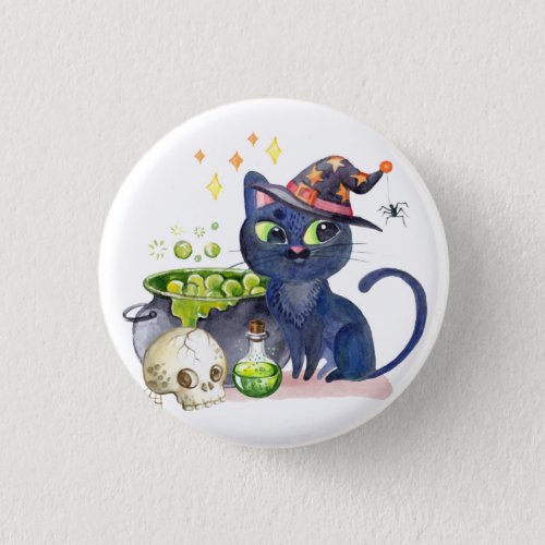 Cute little black witch cat with a caldron  tote  button