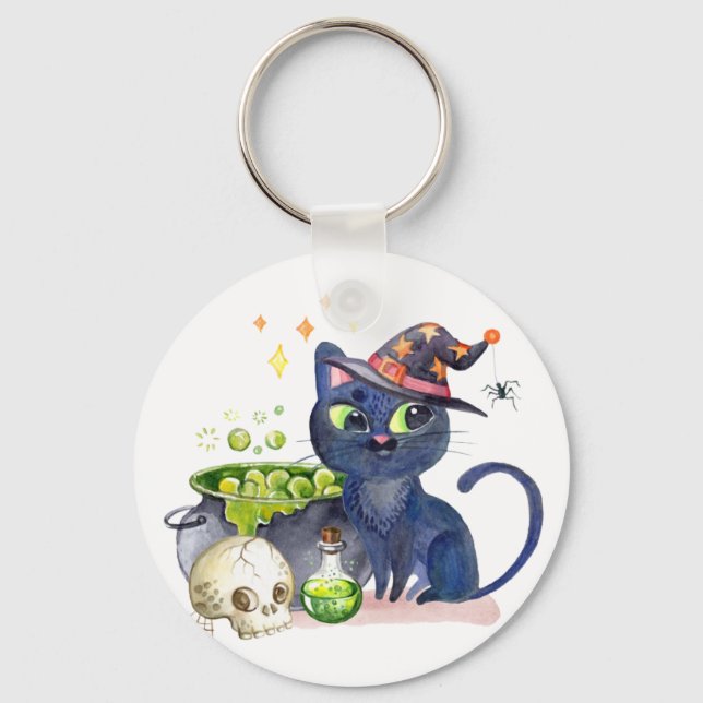 Cute little black witch cat with a caldron  tote  keychain (Front)