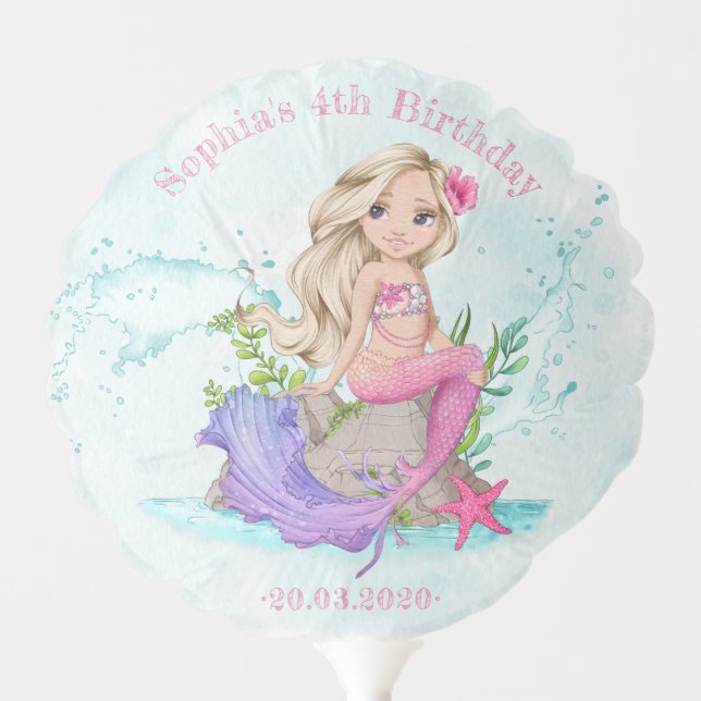 Cute Little Blond Mermaid Birthday Balloon (Front)