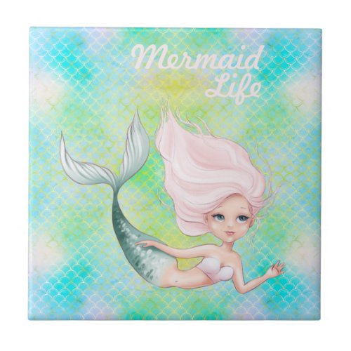 Cute little blond mermaid colorful mermaid scales ceramic tile