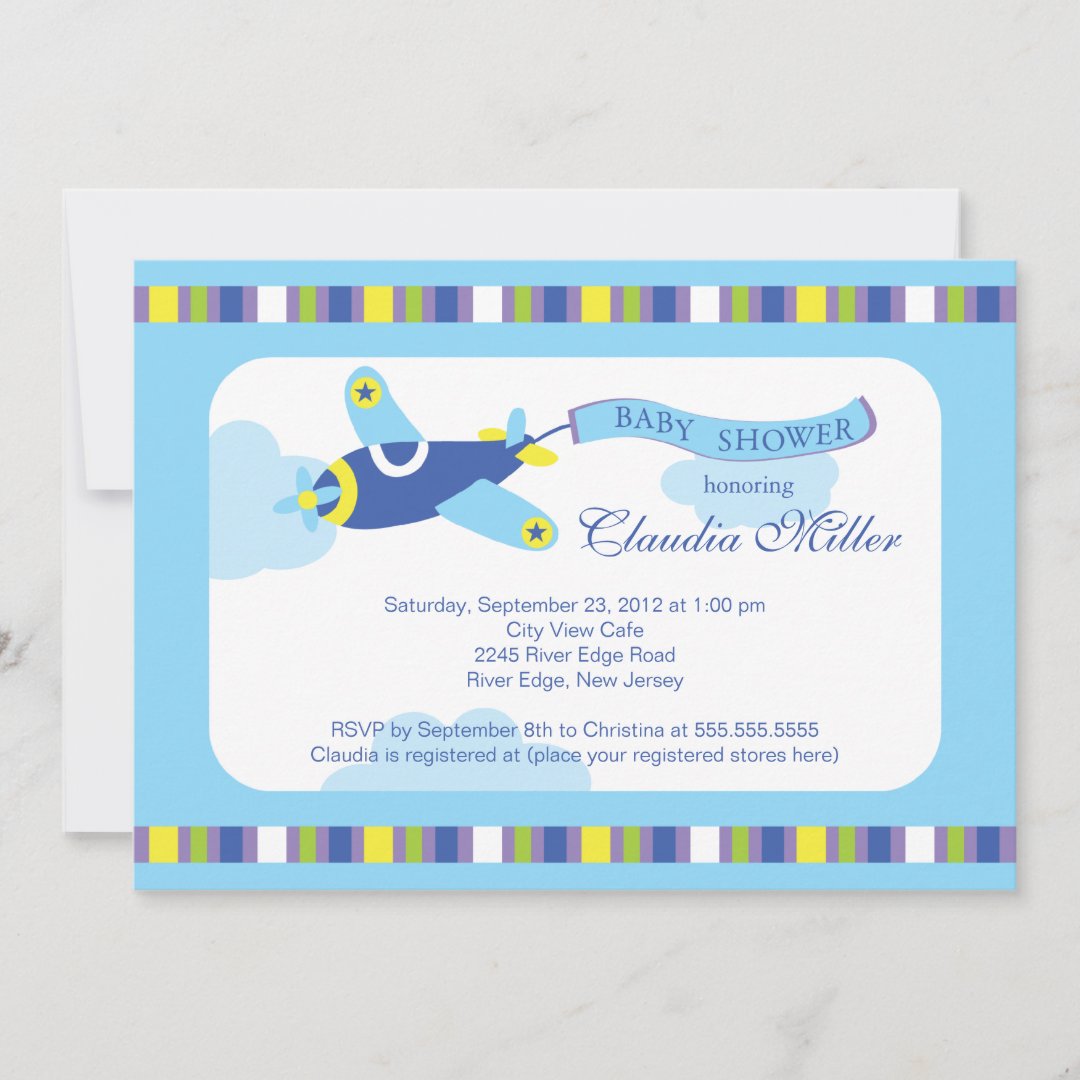 Cute Little Blue Airplane Boy Baby Shower Invitation Zazzle