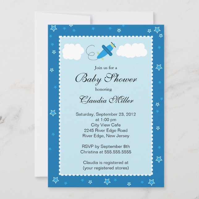 Cute Little Blue Airplane Boy Baby Shower Invitation (Front)