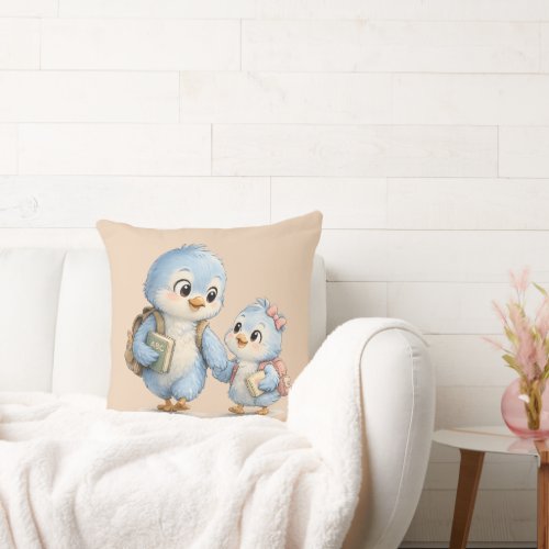 Cute Little Blue Bird Family Throw Pillow