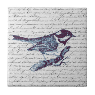 Cute Little Blue Bird Vintage French Script  Ceramic Tile