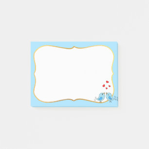 Cute little blue birds, hearts & light blue frame post-it notes