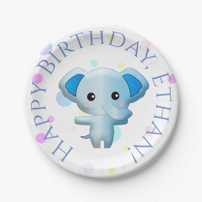 Cute Little Blue Boy Elephant Paper Plates (Front)