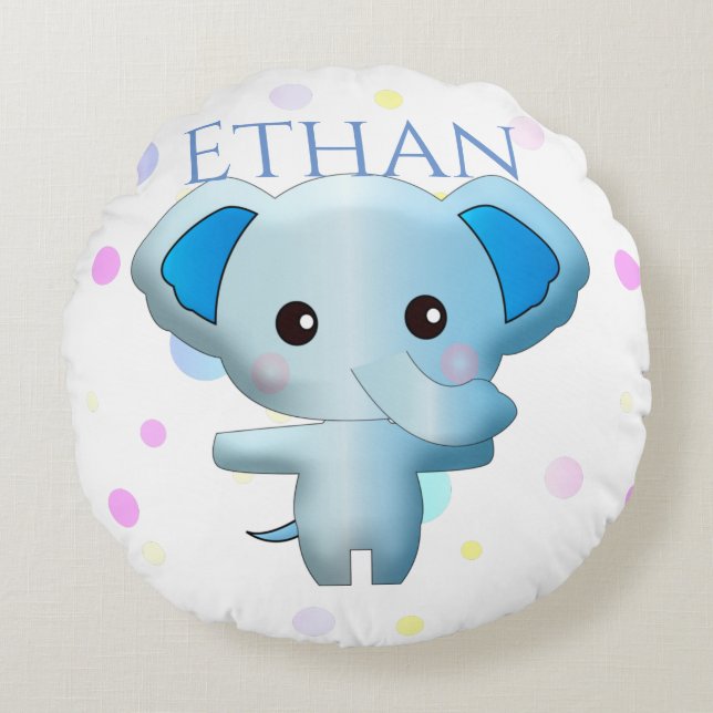 Cute Little Blue Boy Elephant Round Pillow (Front)