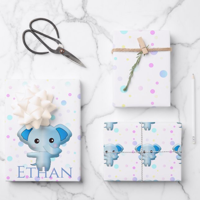 Cute Little Blue Boy Elephant Wrapping Paper Sheets (Front)