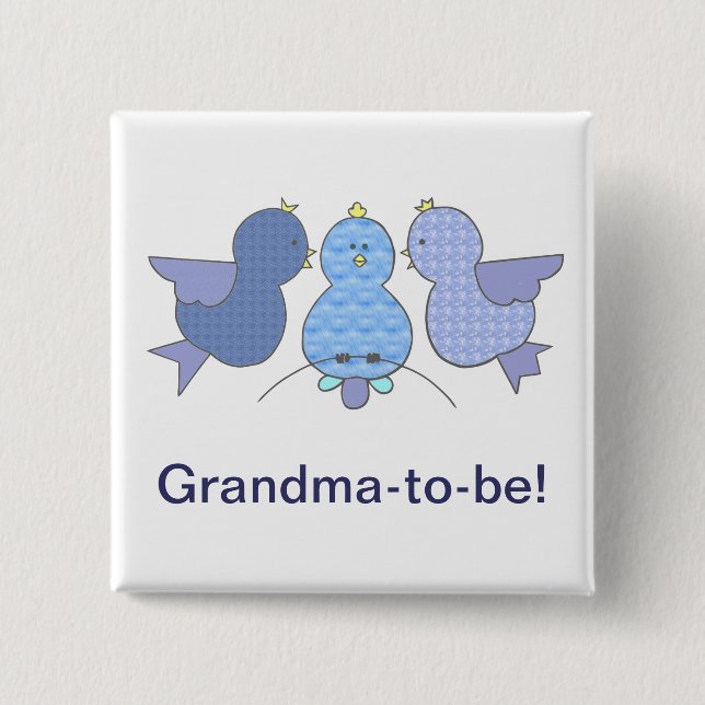 Cute Little Blue Grandma to be,  Birds Baby Shower Button (Front)