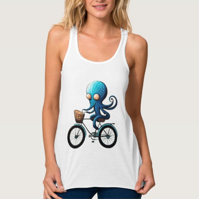 Cute little blue octopus on a bicycle tank top (Front)
