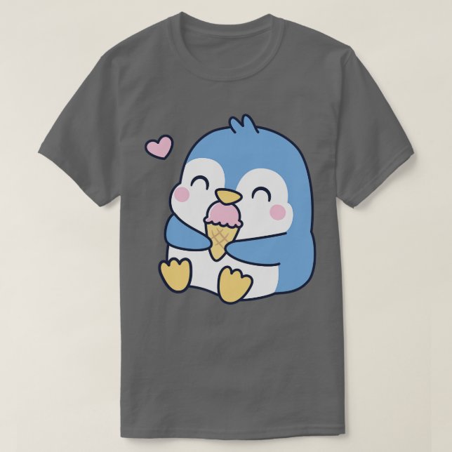 Cute Little Blue Penguin Loves Ice Cream T-Shirt (Design Front)