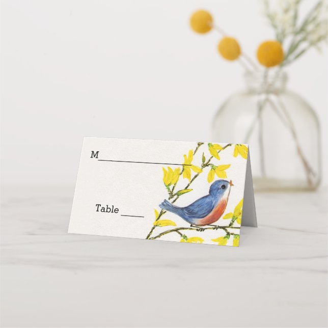 Cute Little Blue Red Bird on Branch Yellow Flowers Place Card (Front)