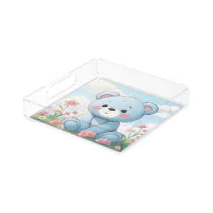 Cute little blue teddy bear in garden acrylic tray