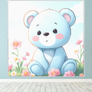 Cute little blue teddy bear in garden canvas print