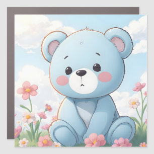 Cute little blue teddy bear in garden car magnet