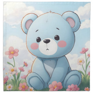 Cute little blue teddy bear in garden cloth napkin