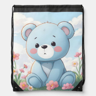 Cute little blue teddy bear in garden drawstring bag