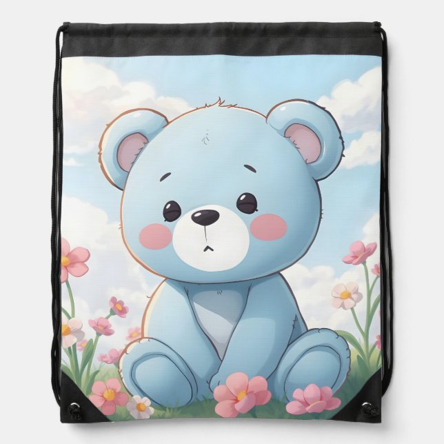 Cute little blue teddy bear in garden drawstring bag (Front)