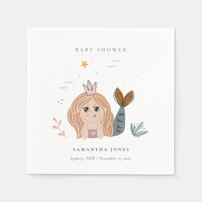 Cute Little Blush Sea Mermaid Girl Baby Shower Napkins (Front)