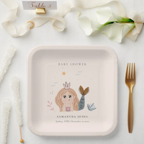 Cute Little Blush Sea Mermaid Girl Baby Shower Paper Plates