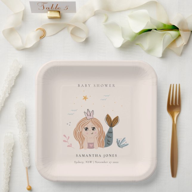 Cute Little Blush Sea Mermaid Girl Baby Shower Paper Plates (Wedding)