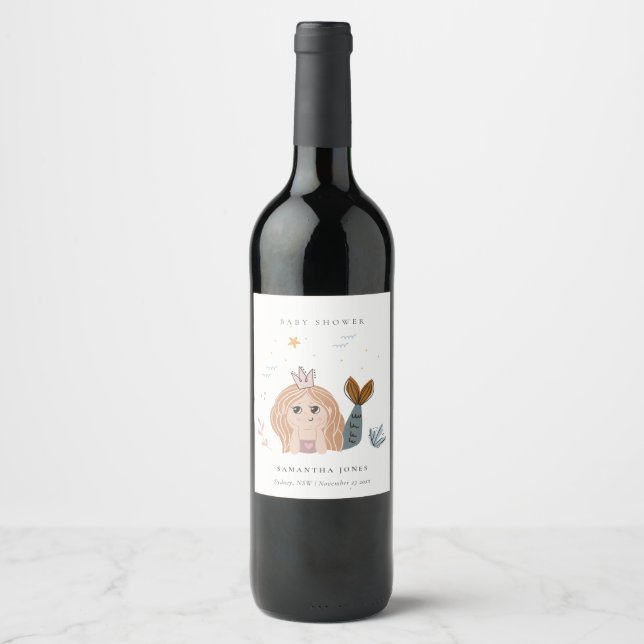 Cute Little Blush Sea Mermaid Girl Baby Shower Wine Label (Front)