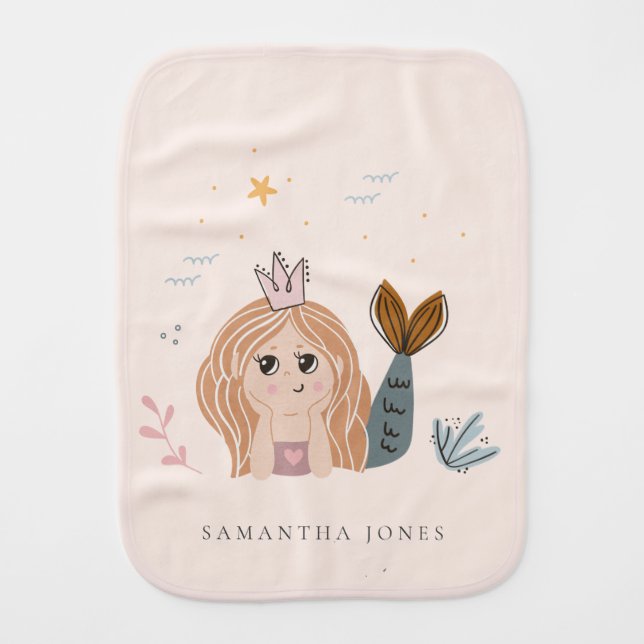 Cute Little Blush Sea Mermaid Watercolor Girl Baby Burp Cloth (Front)